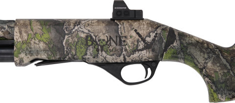 Bone Collector logo on the side of a stoeger pump in Nevado Camo 